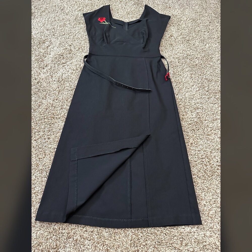 Black NWOT Stop Staring Bodycon Roses Pinup Rockabilly Retro Midi Swing 30s XL - Picture 10 of 13